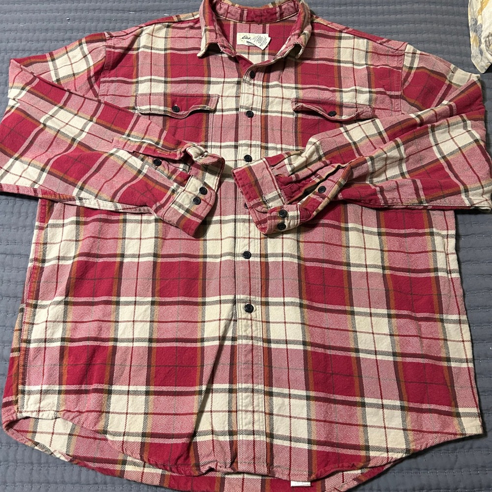 Eddie Bauer Mens Flannel Shirt Plaid Red Beige XL Long Sleeve Button Up Cotton